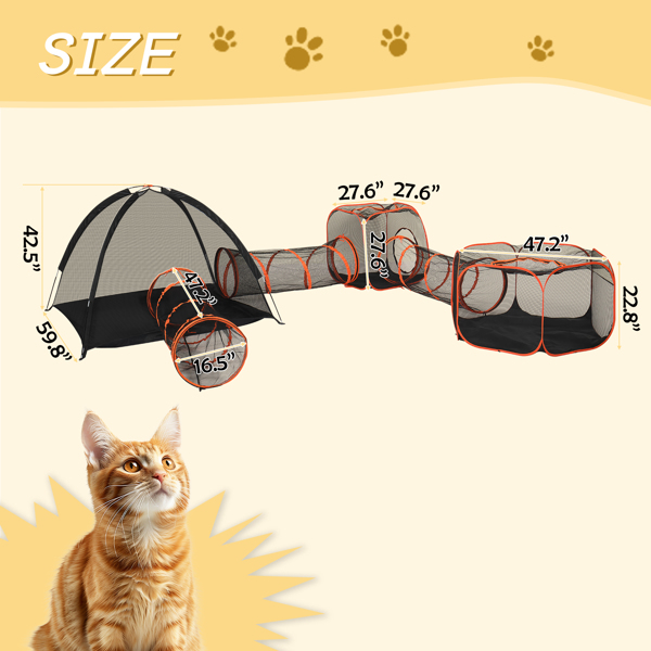 Outdoor Cat Enclosures for Indoor Cats, 6 in 1 Portable Cat Play Tent with Tunnels and Cat Houses for Indoor Outdoor, Cat Playpen Enclosed for Cats Rabbits and Small Animals, Orange