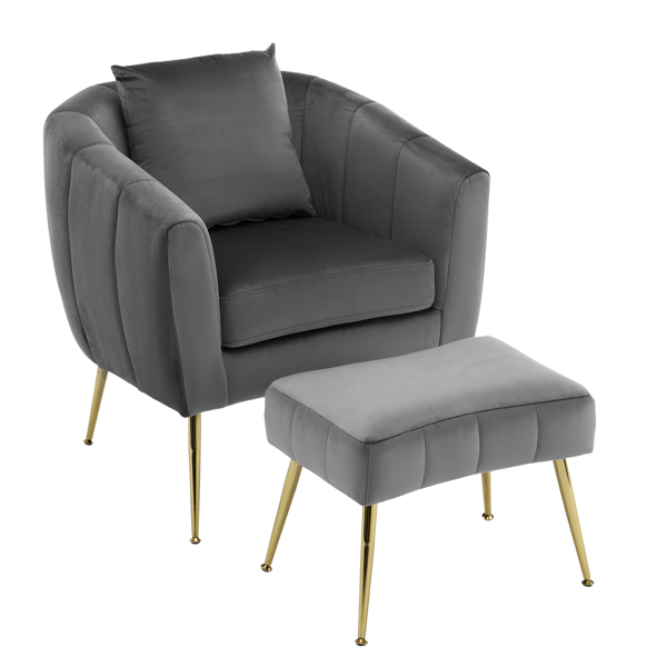 Velvet Accent Chair Set Barrel Chair with Ottoman Modern Club Chair Reading Armchair with Lumbar Pillow for Living Room, Bedroom, Study Room, Home Office Gray