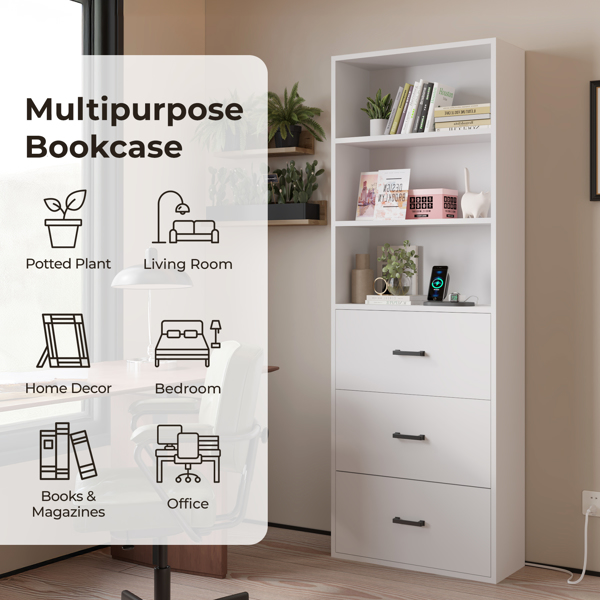 FCH 3-layer with 2 USB 2 plugs US standard 3 drawers Triamine board 60*23.5*180cm display cabinet white