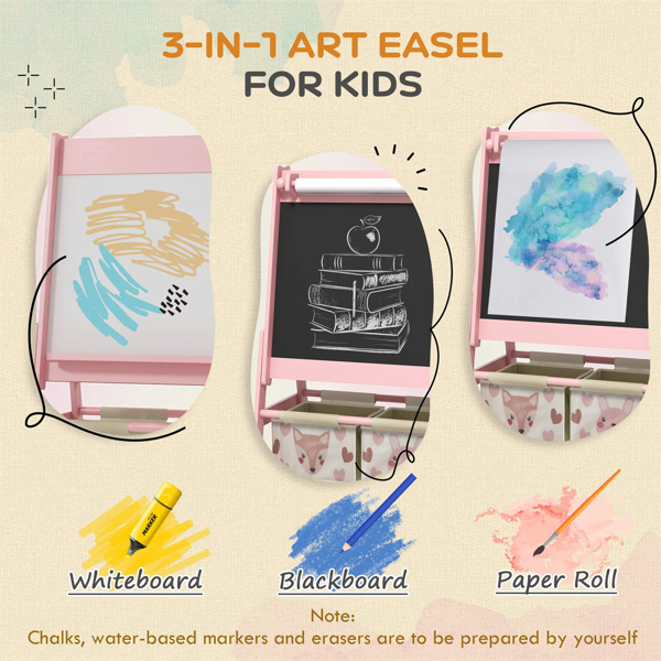 Art Easel  with Paper Roll, Blackboard, Whiteboard, Storage, Pink