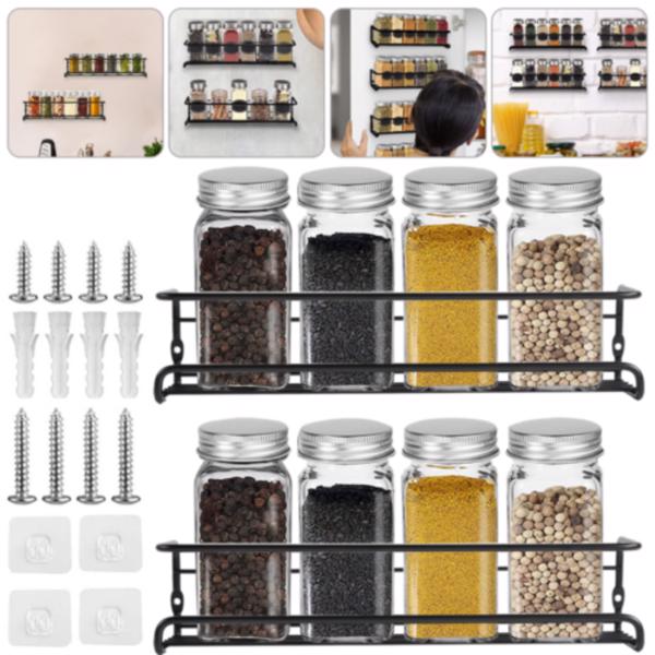 2pcs Spice Herb Jar Rack Holder For Kitchen Door Cupboard Storage Wall Mounted