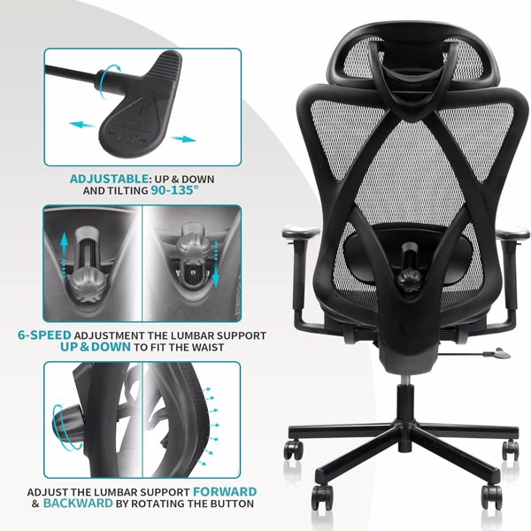 Mesh Office Chair, Ergonomic Office Chairs with Wheels, Adjustable Lumbar Support,Armrest, Headrest-Tilt High Back Desk Chair with Mute Wheel for Office, Home, Gaming