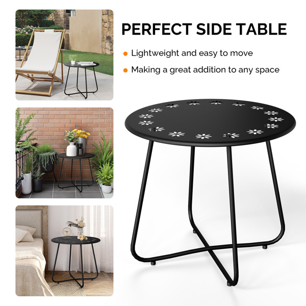 Outdoor Side Table with Flower Cut Outs, Weather Resistant Steel Patio Side Table, Round Outdoor End Table for Patio Yard Balcony Garden, Black