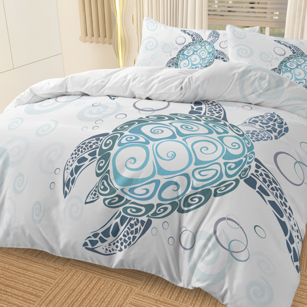 Sea Turtle Bedding Aqua Teal Blue Duvet Cover Sets Beach Turtle Bed Sets Ocean 3 Piece Turtle Themed Comforter Cover with 2 Pillowcases Full Size