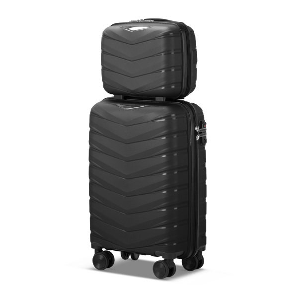  V-striped 2-piece suitcase with PP handbag PP trolley case 14in 20in PP iron trolley classic color - black (grained pattern)