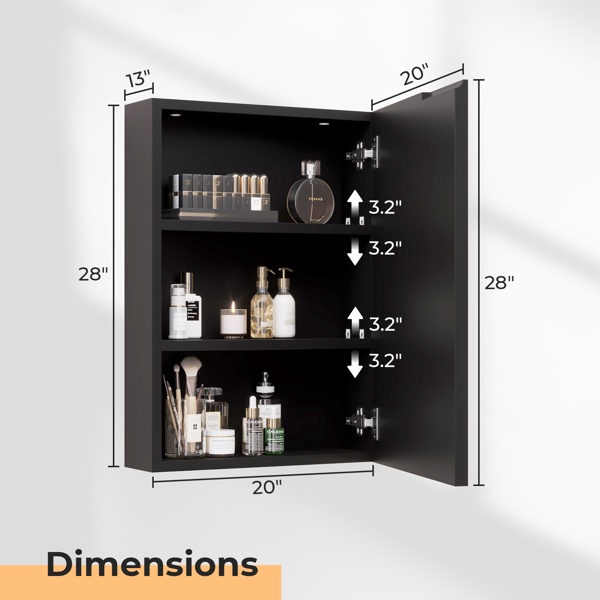 FCH Black Particleboard Acrylic Frame 71*50.8*15cm 1 Door 2 Shelves LED Mirror Cabinet Three Color Tones Adjustable Brightness Power-off Memory Universal for Left and Right Doors