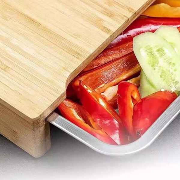 Bamboo Wooden Chopping Board Cutting Slicing + Sliding Stainless Steel Tray