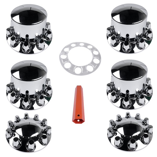 Chrome Hub Caps Kit Front & Rear w/33mm Lug Nut for Semi Truck Wheel Axle Covers