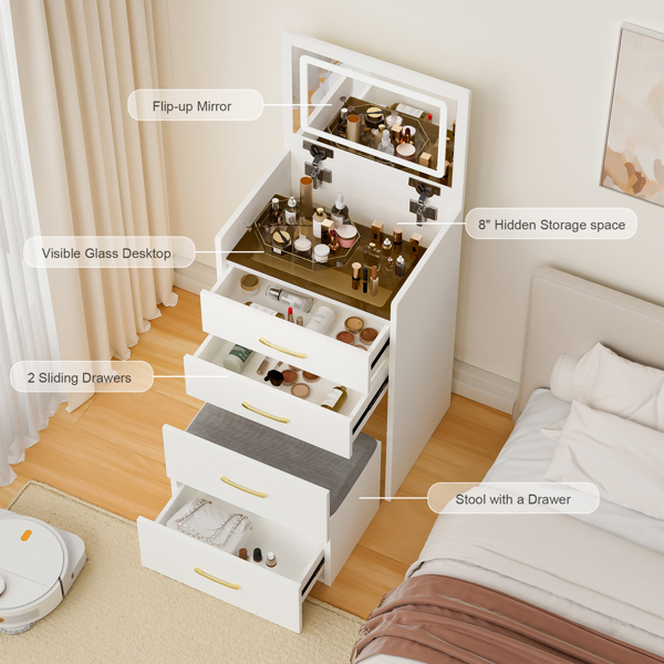 3 合 1 梳妆台，带开放式顶镜，小型化妆梳妆台套装，带可见玻璃桌面，紧凑型化妆梳妆台，带 3 个抽屉，卧室梳妆台-2