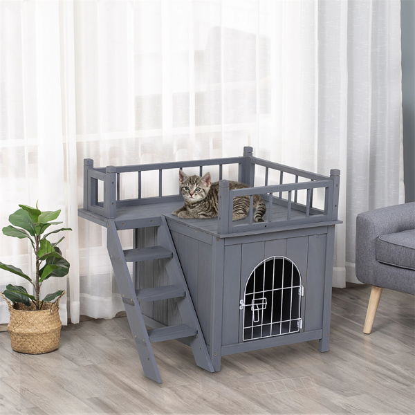 Grey 2-Level Wooden Cat House with Lockable Wire Door 