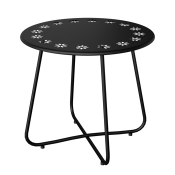 Outdoor Side Table with Flower Cut Outs, Weather Resistant Steel Patio Side Table, Round Outdoor End Table for Patio Yard Balcony Garden, Black