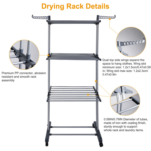 Clothes Drying Rack Rolling Collapsible Laundry Dryer Hanger Stand Rail Shelve Wardrobe Clothing Drying Racks w/ Dual Side Wings