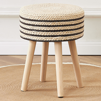 Round Ottoman Footstool Natural Seagrass Foot Stool Pouf Ottomans with Solid Wood Legs Hand Weave Hyacinth Footrest Step Stool for Living Room Balcony Garden Natural/Black