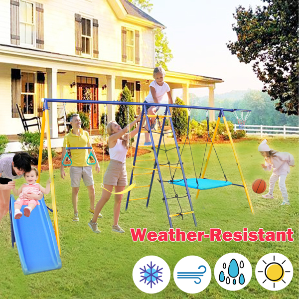 500 lbs 7 in 1 Swing Set for Kids Backyard Outdoor A-Frame Heavy-Duty Metal Swing Sets with Slide, 2 Swing Seats, 1 Climbing Net & Ladder, 1 Gym Ring, 1 Basket