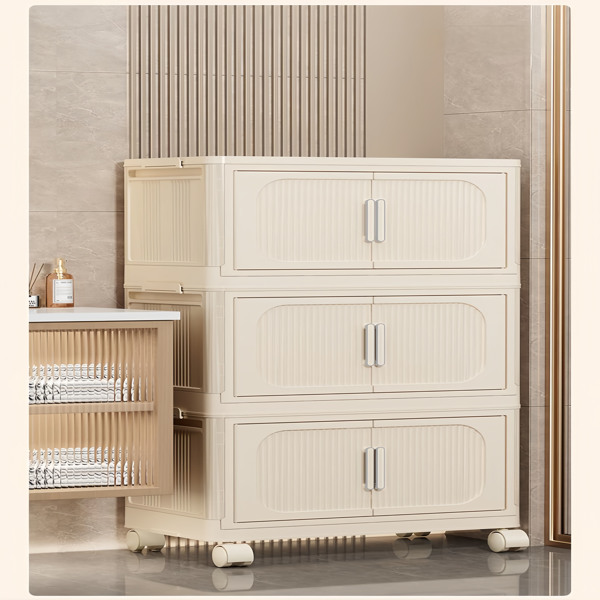 Cream White 19.69" Side Wide Folding Storage Cabinet ,3 Tiers,19.69"×11.81"×31.1",Collapsible Storage Bins with Magnetic Door, Plastic Storage Cabinet with Wheels