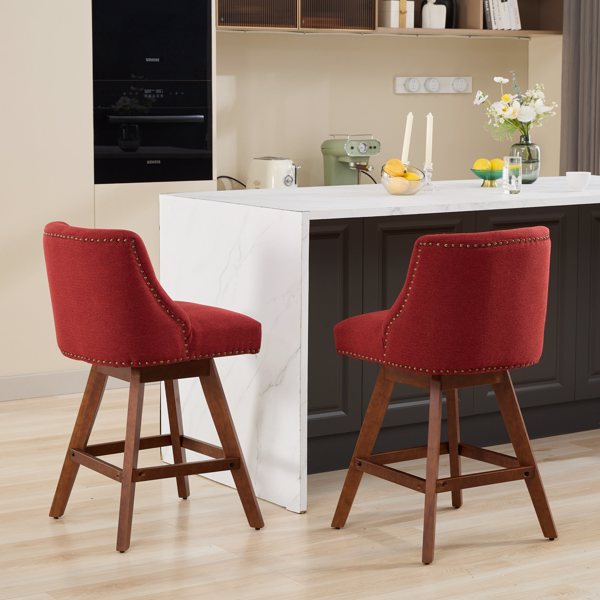 Counter Height Swivel Barstools, 26'' H Seat Height Upholstered Bar Stools Set of 2, Fabric in Wine Red