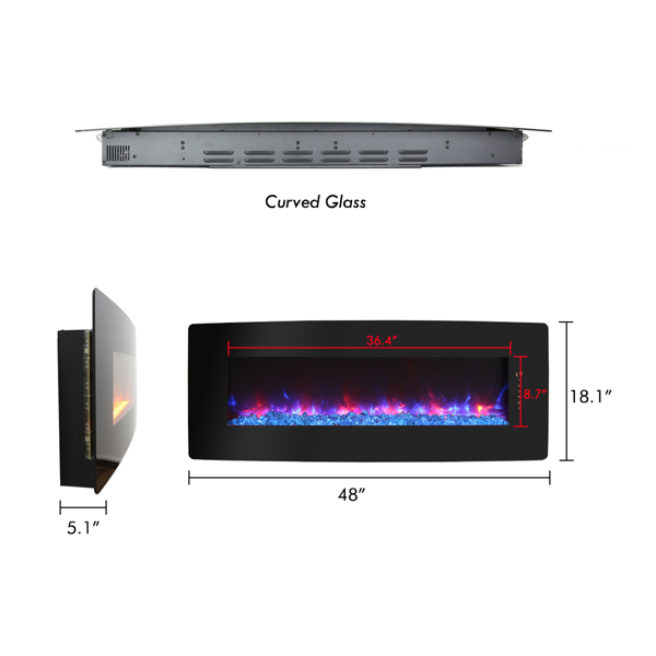 48 inch Curved Front Wall Mounted Electric Fireplace with remote and multi color flame & emberbed