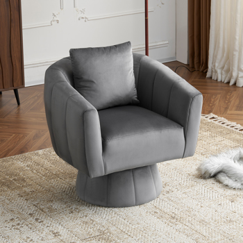 360° Swivel Accent Chair, Modern Velvet Fabric Living Room Armchair with Fluffy Cushions, Comfy Wide Upholstered, Barrel Accent Chairs for Living Room, Bedroom, Lounge, Office Gray