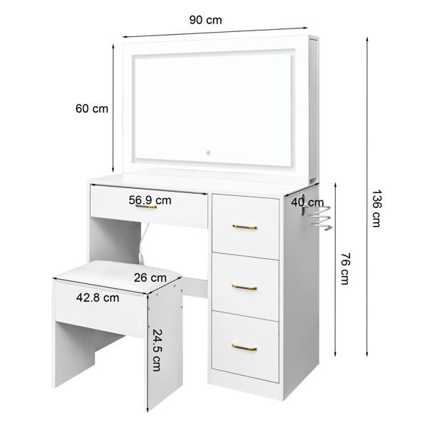 White hemp surface particle board with triamine 4 drawers 2 side push-pull storage rack 1 LED touch mirror dressing table set with power strip and hair dryer holder