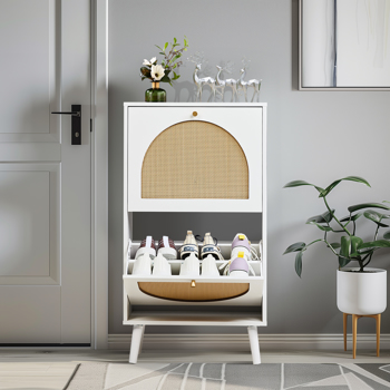 FCH 2 dump buckets with high feet round rattan shoe cabinet particle board + plastic rattan 54*24*98cm white frame + original wood rattan surface + gold high feet