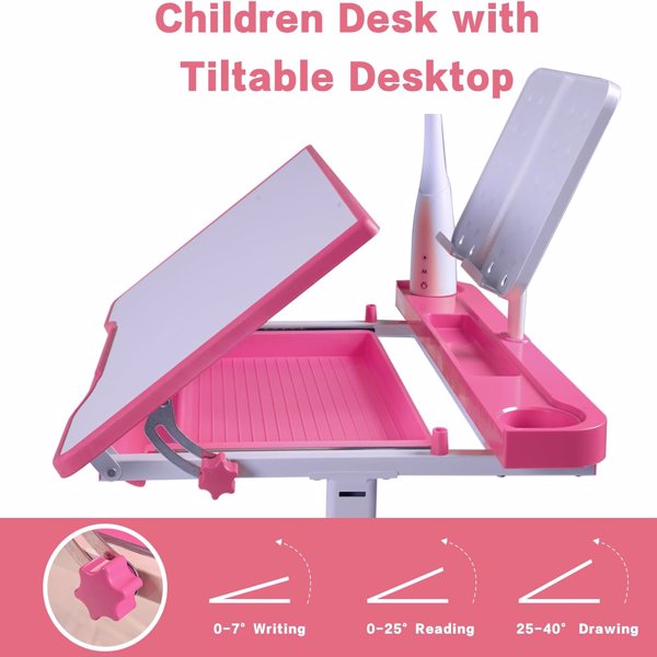 Desk for Kids Desk and Chair Set Kids Art Desk Drafting Table Desk Set with Adjustable Height, 40-Degree Tiltable Children Desktop, LED Light,Bookstand,Pink