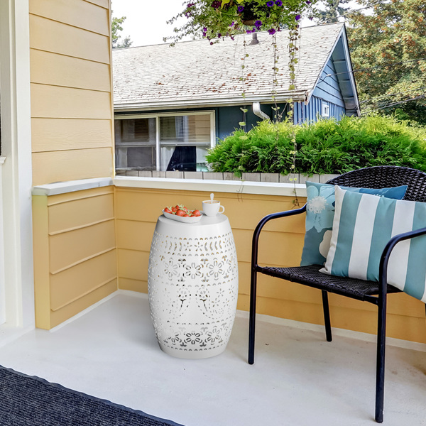 9.4" Steel Patio End Table, Round Hollow Drum Side Table, Accent Table for Indoor and Outdoor, White