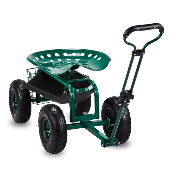 Rolling Garden Work Seat with Wheels, Garden Scooter with 360 Degree Swivel Seat & Extendable Handle & Tool Tray, Gardening Stool for Planting, Green