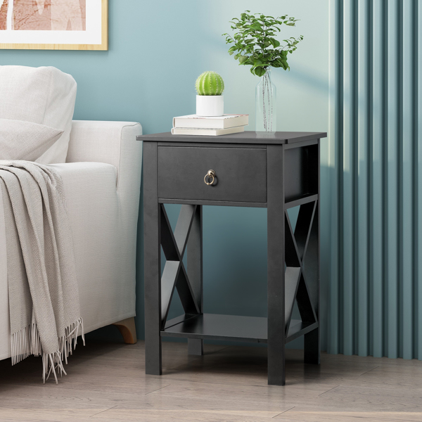 2PCS Side Intersection Style Bedside Table Coffee Table with Two-layer Drawer Black