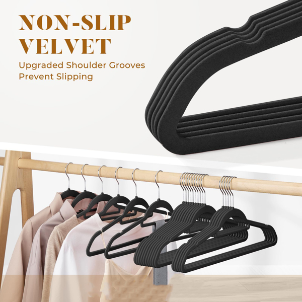 Velvet Hangers - 60PCS Black Space-saving & Non-slip. with Tie Bar and Shoulder Notch. Highly Durable for Suits, Coats, Shirts, Pants and Dresses. Slim Design with 360° Swivel Hook. 