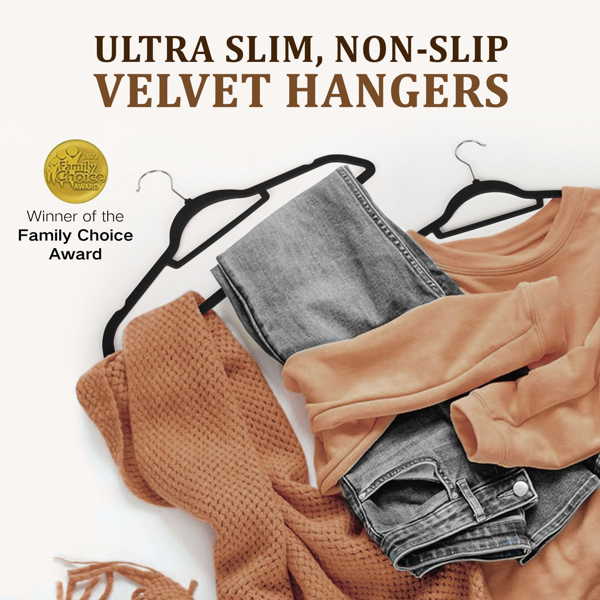 Velvet Hangers - 60PCS Black Space-saving & Non-slip. with Tie Bar and Shoulder Notch. Highly Durable for Suits, Coats, Shirts, Pants and Dresses. Slim Design with 360° Swivel Hook. 