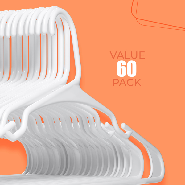 With Shoulder Grooves Space-Saving 60Pcs PP Hangers for Clothes - Durable, Multi-Use for Shirts, Pants, Coats, Dresses & Suits - Ideal for Closet Organization (White)