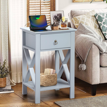 Side Intersection Style Bedside Table Coffee Table with Two-layer Drawer Gray