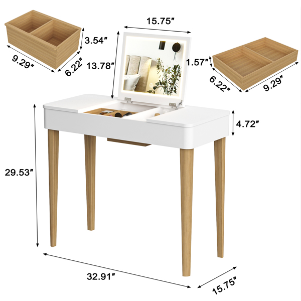 Vanity Mirror With Lights and Solid Wood Legs and Flip-Up High Definition Mirror