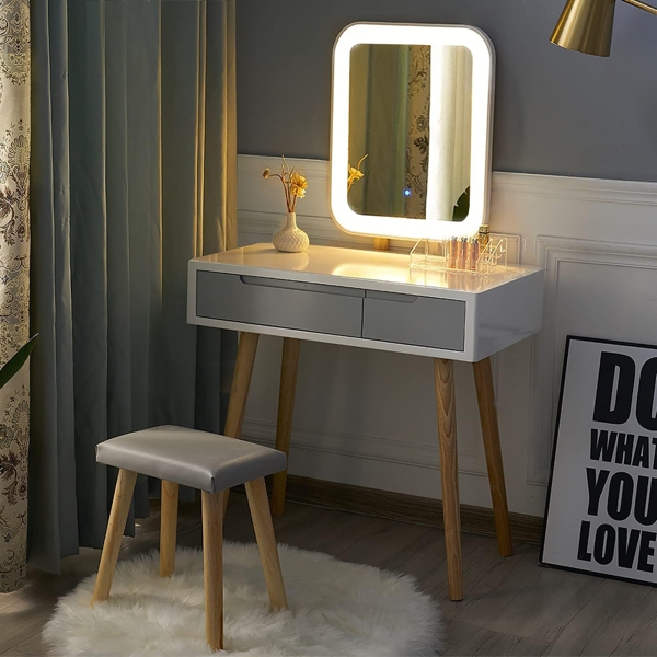 Vanity Table Set with Adjustable Brightness Mirror and Cushioned Stool, Dressing Table Vanity Makeup Table with Free Make-up Organizer（ video provided ）