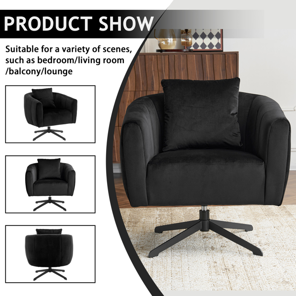 360° Swivel Accent Chair, Modern Velvet Fabric Living Room Armchair, Comfy Wide Upholstered with Fluffy Cushion and Metal Legs, Barrel Chairs for Living Room, Lounge, Office Black