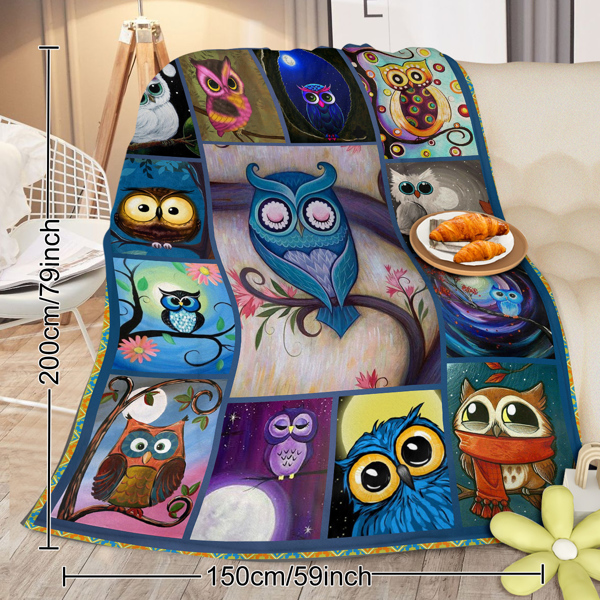 Moon Owl Flannel Fleece Blanket Cozy Fuzzy Warm Flannel Blanket Cute Night Owl Blanket Soft Plush Throw Blanket for Owl Lovers 50*60 Inches