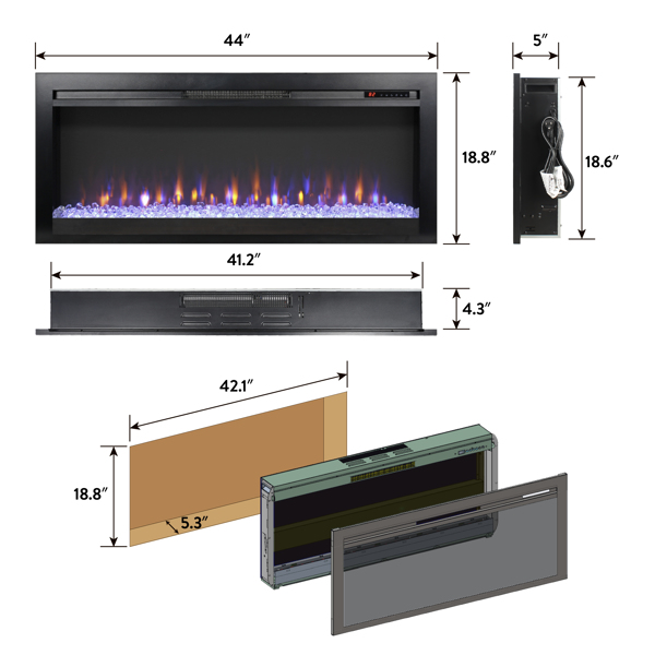 44 inch in wall recessed  electric fireplace with remote and multi color flame & emberbed, LED light heater