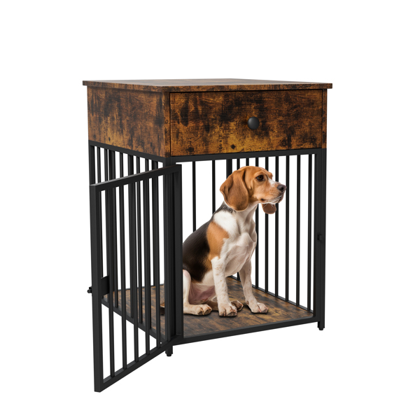 Dog Crate Furniture, Dog House, Decorative Dog Kennel with Drawer, Indoor Pet Crate End Table for Small Dog, Iron-Tube Dog Cage, Chew-Proof