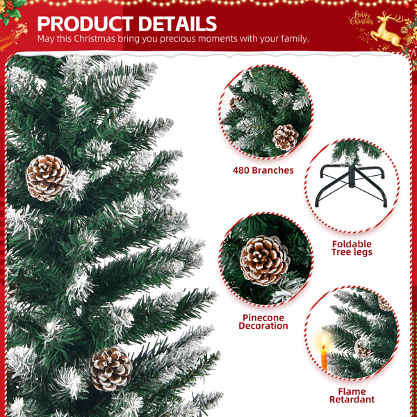 5 FT Artificial Snow Tipped Christmas Tree with DIY 100 Warm Lights Battery Operated, 21 Pine Cones, 800 Branch Tips and Sturdy Metal Stand, Green & Snow Tipped