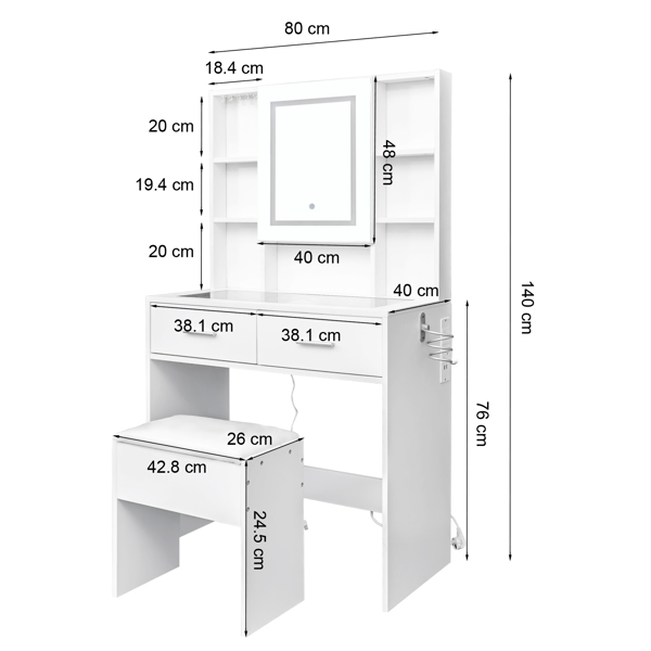 White, hemp surface particle board with triamine, 2 drawers and 4 shelves, dressing table set, LED three-color dimming touch mirror, with power strip, hair dryer holder, glass table top