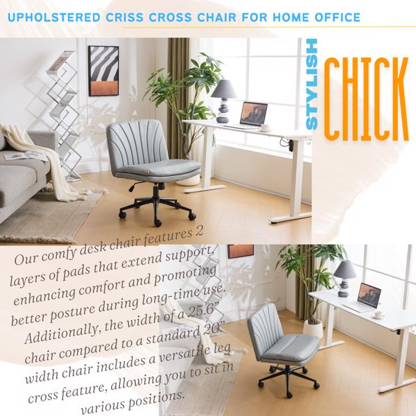 Criss Cross Chair with Wheels & pegs,Dual-Base Wide Armless Comfy Desk Chair Cross Legged,Adjustable Swivel Modern Vanity Chair,Computer Rolling Chair for Home Office,Makeup,Waxed PU,Grey