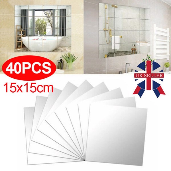 40X Glass Mirror Tiles Wall Sticker Square Self Adhesive Stick On Home Set DIY S