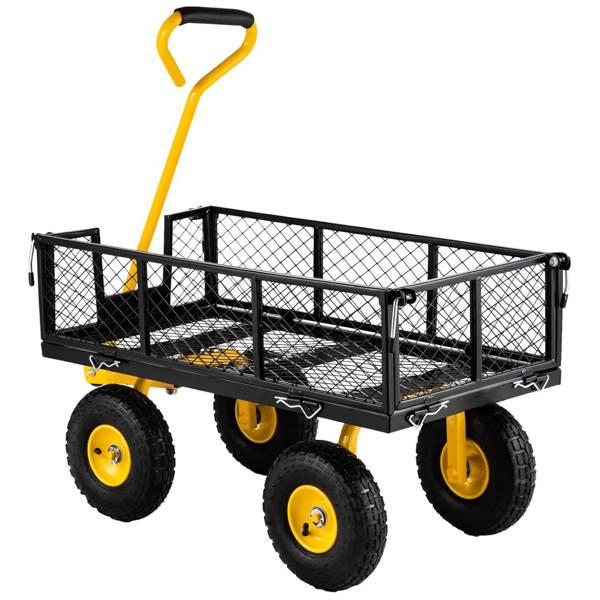 500 Lbs Sturdy Steel Structure Garden Cart, 2-in-1 Multi-functional Four-wheel Cart With Removable Side Panels, Convertible To Flatbed, 240° Rotating Handle And 10-inch Pneumatic Tires