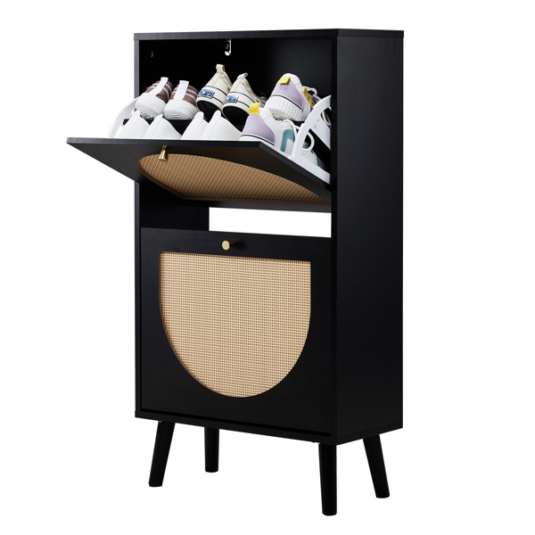 FCH 2 dump buckets with high feet round rattan shoe cabinet particle board + plastic rattan 54*24*98cm black frame + original wood rattan surface + gold high feet