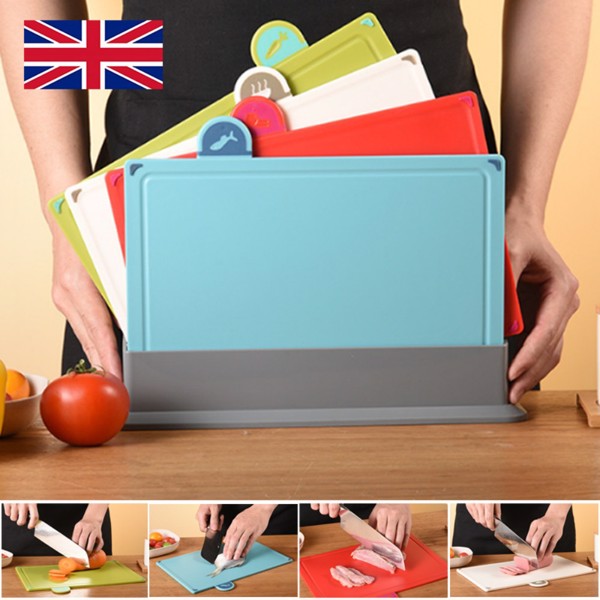 ​​​COLOURED 4X CHOPPING BOARD SET NON-SLIP INDEX CUTTING BOARD WITH STAND ZENO