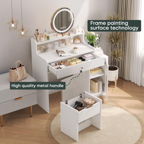 White Vanity Desk with 360° Rotated Mirror and Adjustable Lights, Girls Makeup Vanity Table with Storage Chair and Side Cabinet with Waveform Glass Doors, Dressing Table with Drawer for Bedroom