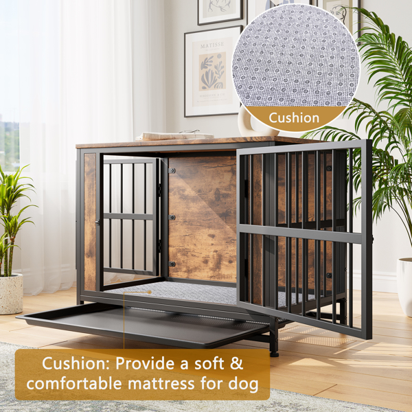 Dog Crate Furniture,  Wooden Dog Crate Table, 32.8" Dog Kennel with 2 Sliding Doors and Thick Iron Door Frame, Decorative Pet Crate House for Medium/Small Dog Indoor Use(Rustic Brown)