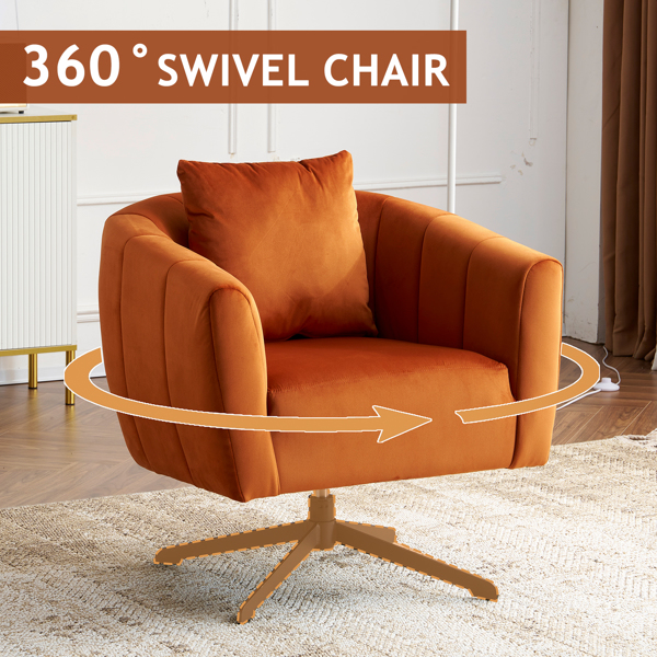 360° Swivel Accent Chair, Modern Velvet Fabric Living Room Armchair, Comfy Wide Upholstered with Fluffy Cushion and Metal Legs, Barrel Chairs for Living Room, Lounge, Office Burnt orange