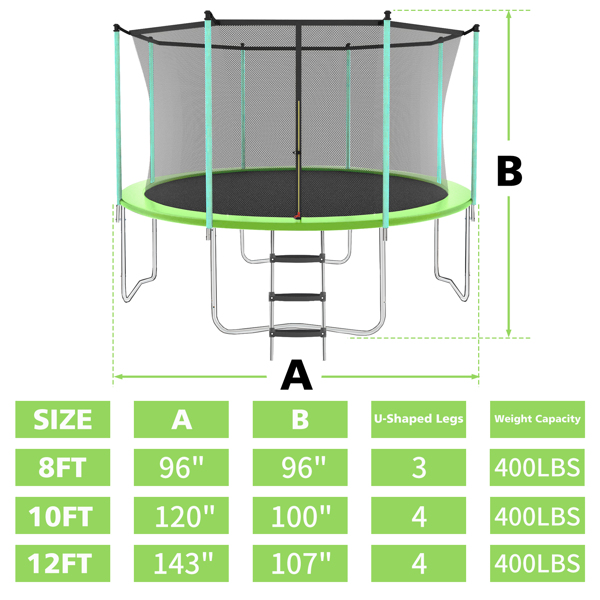 12ft Green Outdoor Toddler Trampoline with Enclosure Safety Net Jumping Fun Trampoline, heavy-duty jump pads, spring-loaded for children and adults, Gifts for Boys/Girls