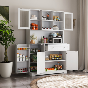 Kitchen Pantry Storage Cabinet, Modern Buffet Cabinet with Hutch, Food Pantry Cabinet with Doors and Shelves  Wine Rack for Dining Room, White